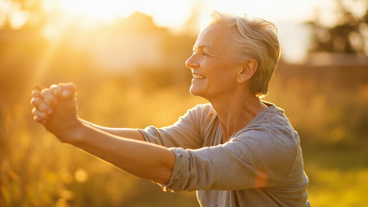 Joint pain relief for active seniors – woman stretching outdoors in natural light for better mobility